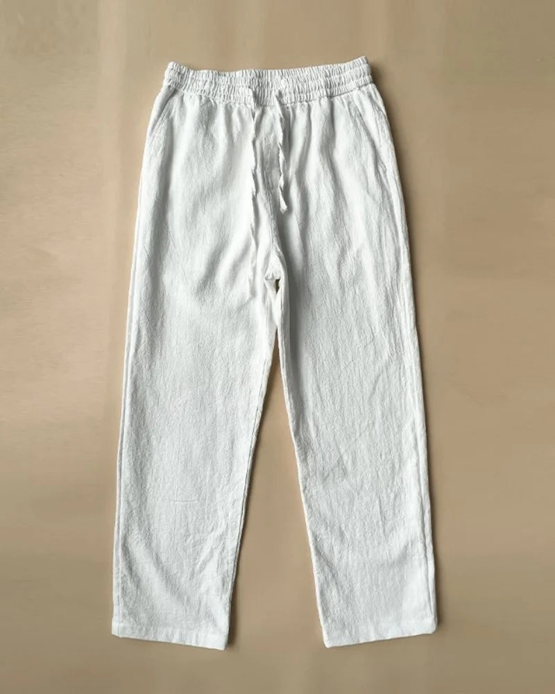 Men's Cotton Linen Solid Color Casual Pants with Elastic Waist Street Wear Jogging Loose Sports Pants