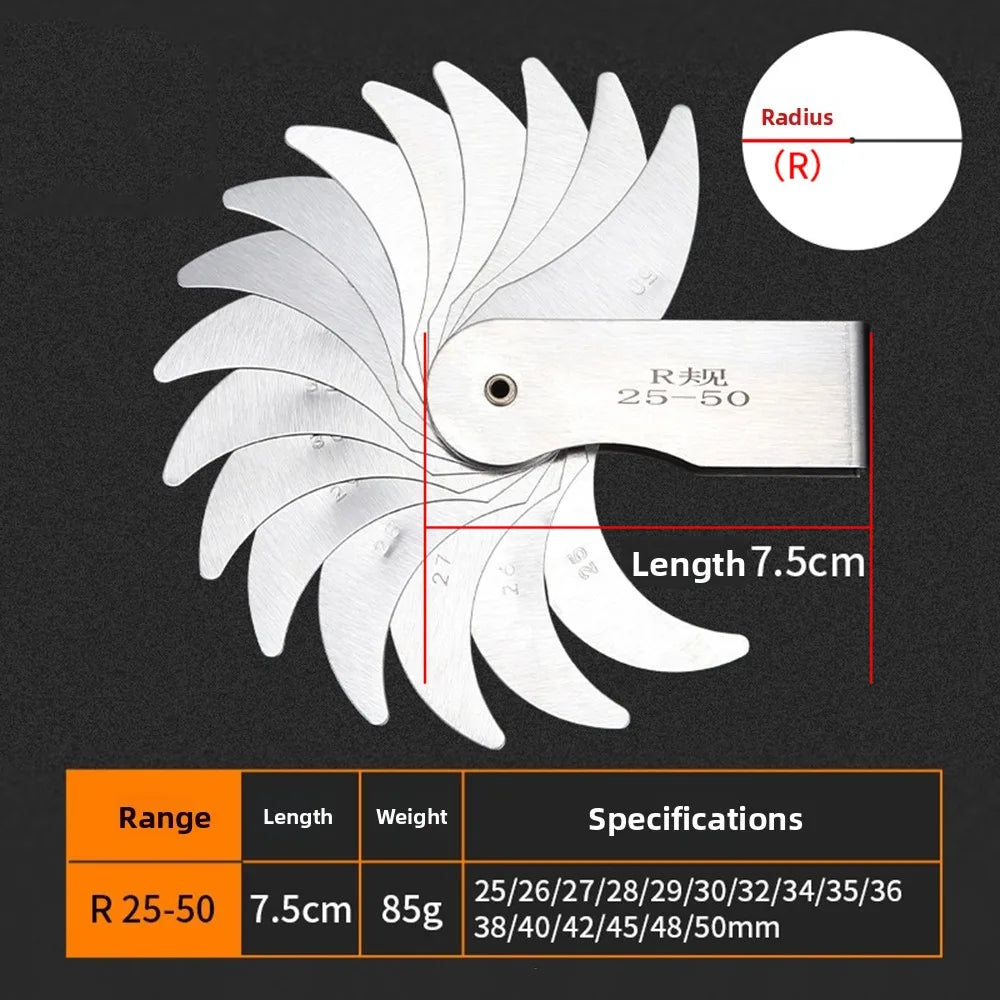 Stainless Steel Radius Gauge R0.3-1.5/R1-7/ R7.5-15/ R15.5-25 Arc Measuring Tool Sample R Gauge Screw Pitch