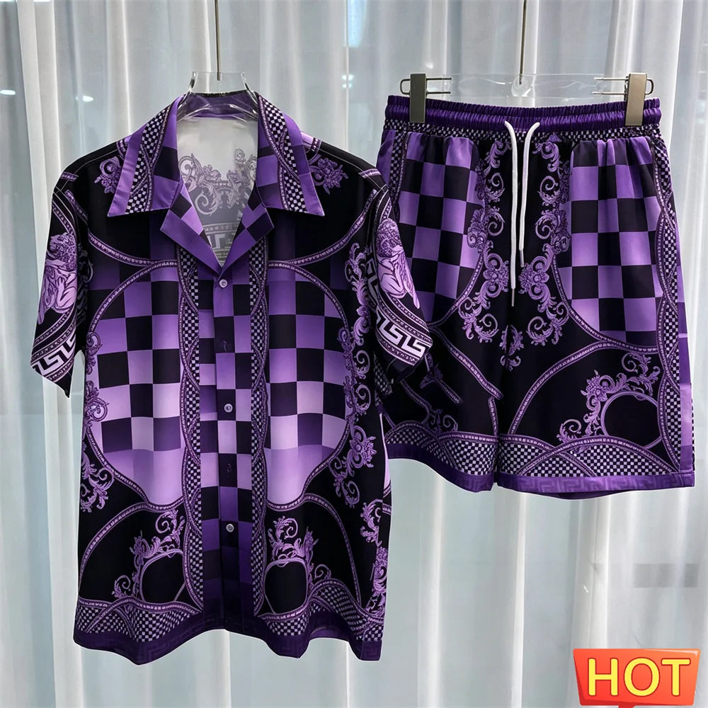 Gradient Leisure vacation two-piece set Summer mens shirt set men's matching sets menswear clothing Two piece shorts shirt sets