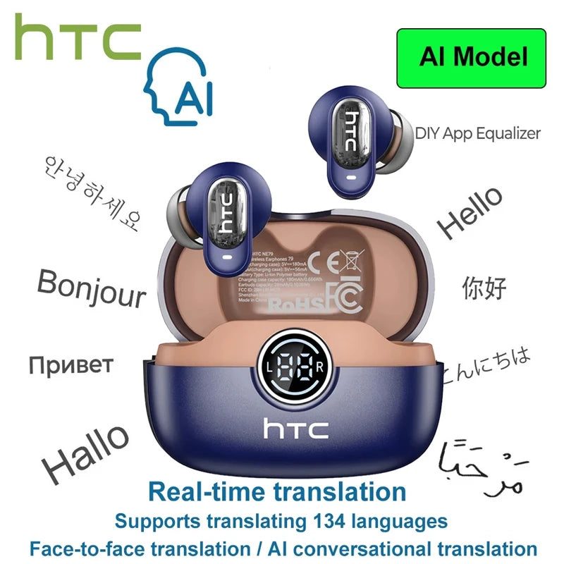 HTC NE79 Real Time Language Translator Earphone Bluetooth Low Latency HiFi Stereo Sound HD Call Wireless Music Sports Earbud
