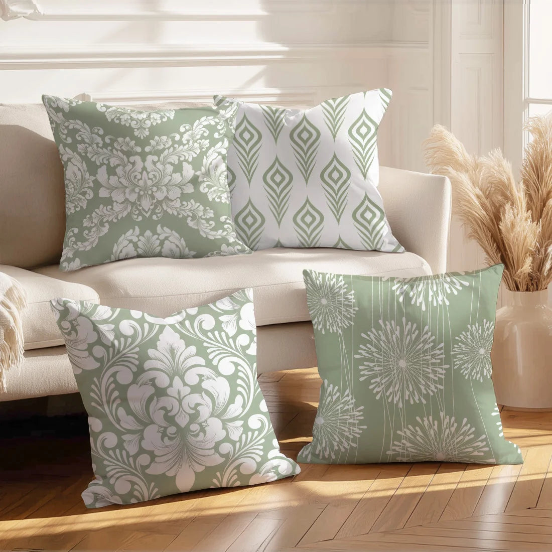 4Pcs Pillow Covers - Fresh White and Green Floral Pattern, Home Decor Cushion Cases for Living Room Sofa Bedroom