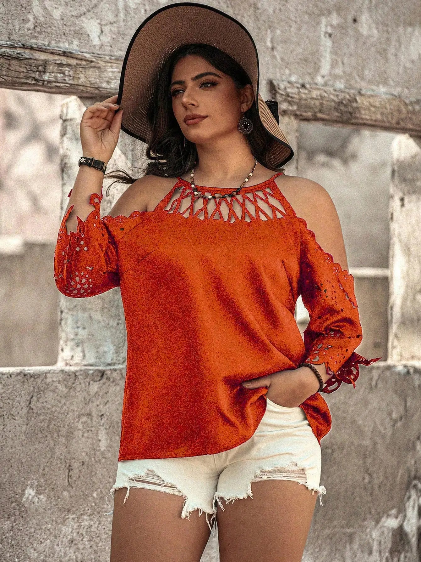 Women's Plus Size Halter Cutout Cold Shoulder Blouse, Eyelet Embroidery 3/4 Sleeve Boho Vacation Loose Top