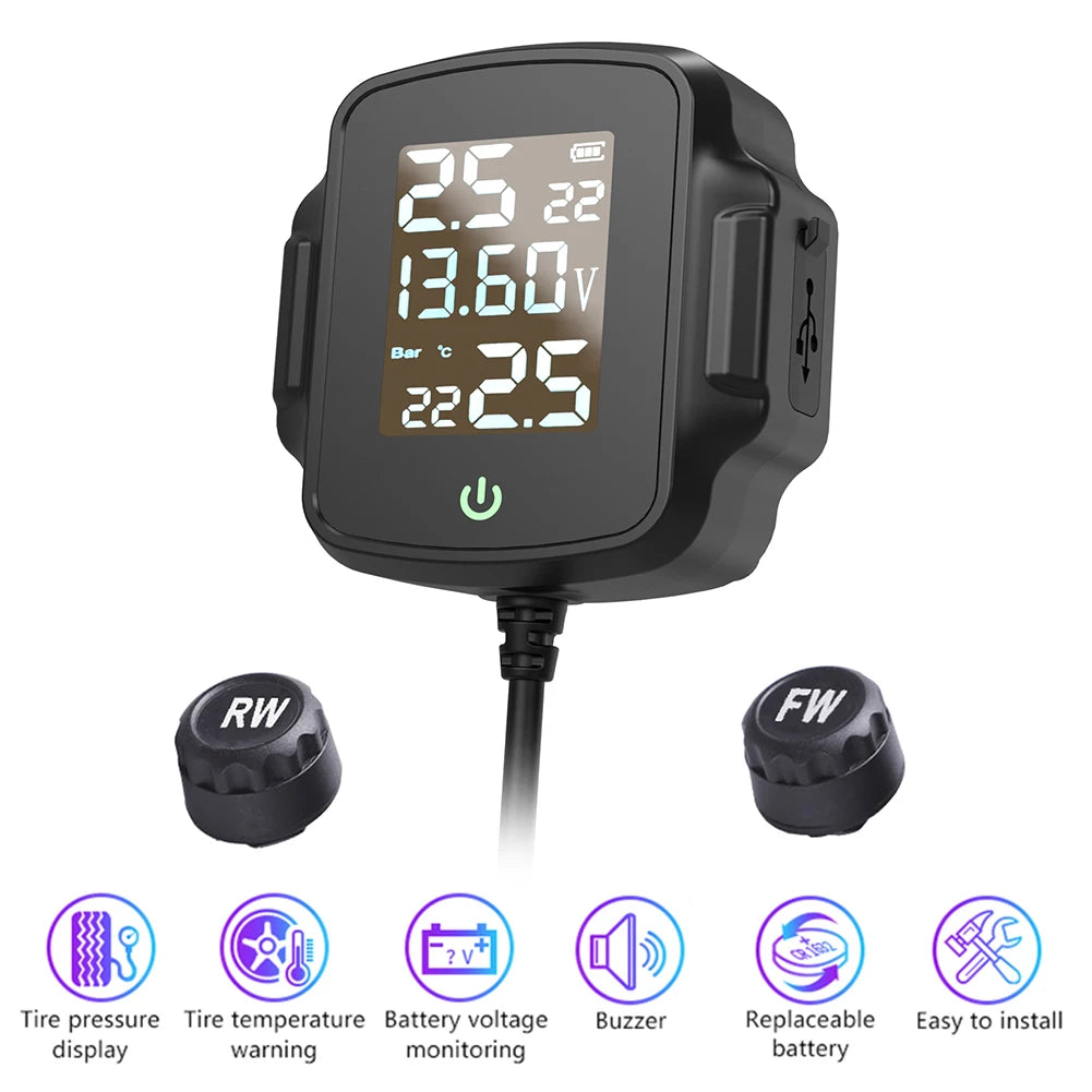 Motorbike Tire Pressure Monitoring System with QC 3.0 Fast Charging Temperature Monitoring Alarm System LCD Display Digital