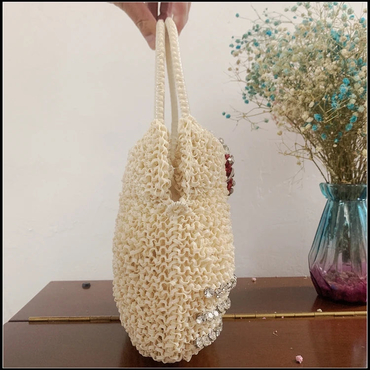Cathead pure handmade woven bag, Katie Cat PVC off white rhinestone handbag, women's one shoulder crossbody bag