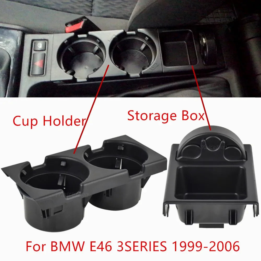Black Double Hole Car Vehicle Front Center Console Storage Box Coin + Cup Holder for BMW E46 3SERIES 1999-2006 51168217957