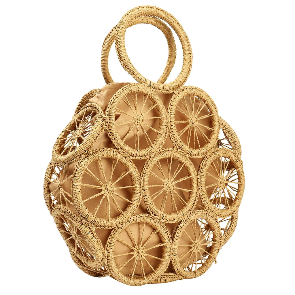 Round Straw Bag Rattan Woven Handbag For Women Large Capacity Shoulder Tote Purse Ladies Holiday Beach Wood Handle Shopping Bag