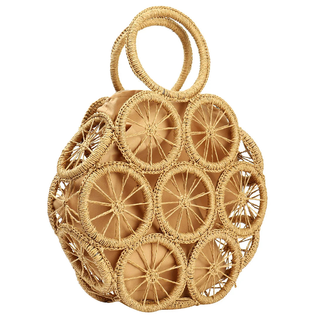 Round Straw Bag Rattan Woven Handbag For Women Large Capacity Shoulder Tote Purse Ladies Holiday Beach Wood Handle Shopping Bag