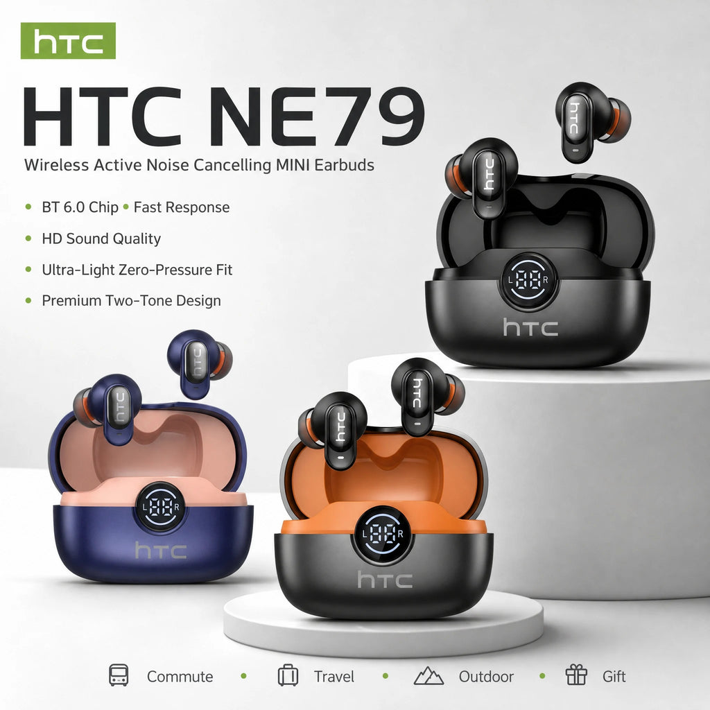 HTC NE79 Bluetooth Earphones Sports Gaming Long Battery Comfort Wireless Headphones Premium Sound Quality Soft In-ear Earbuds