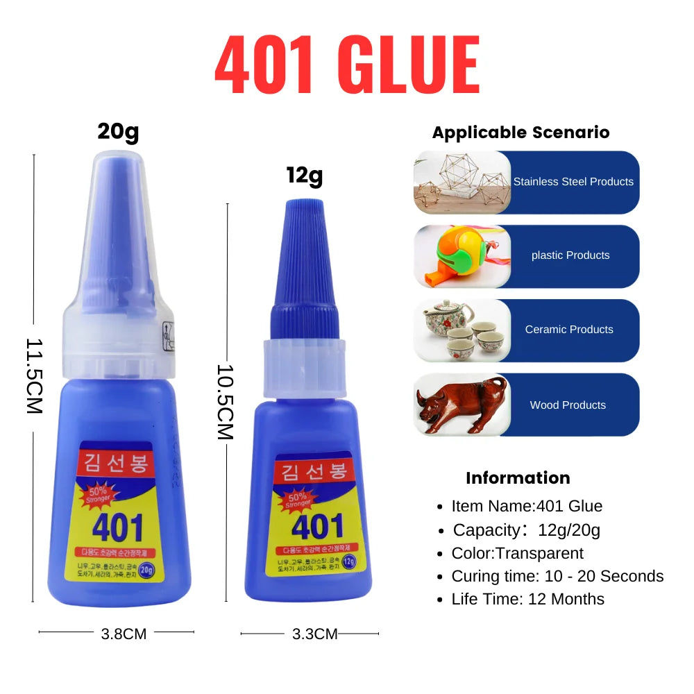 12g / 20g  Strong Transparent 401 Glue Soft Shoes Repair Metal Plastic Accessories Multi-Functional Adhesive