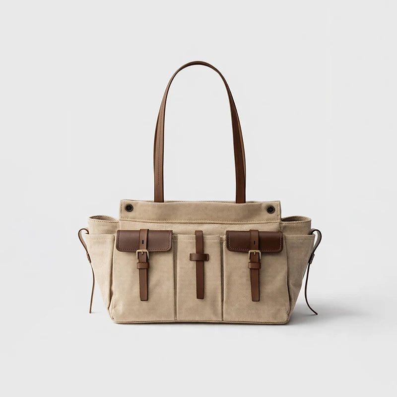 Luxury Canvas Leather Multi-Pocket Tote Bag,Women Zipper Closure Vintage Shoulder Bag,Motorcycle Biker Style Handbag,Lightweight