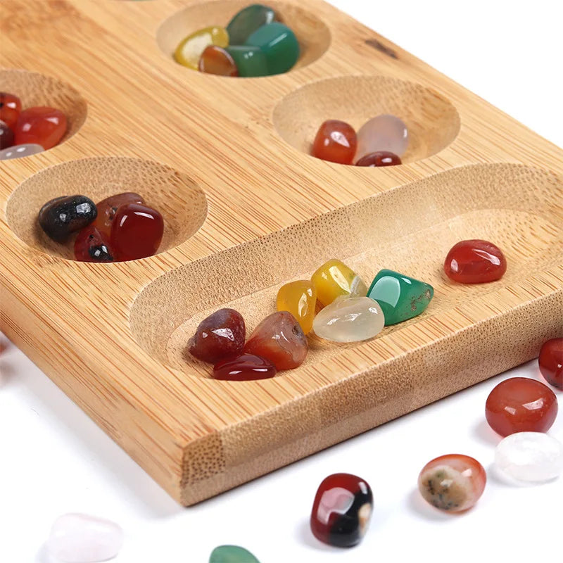 Riverstones & Bamboo Foldable Mancala Board Game - Fun Classic Table Game with Wooden Board for Adults & Kids