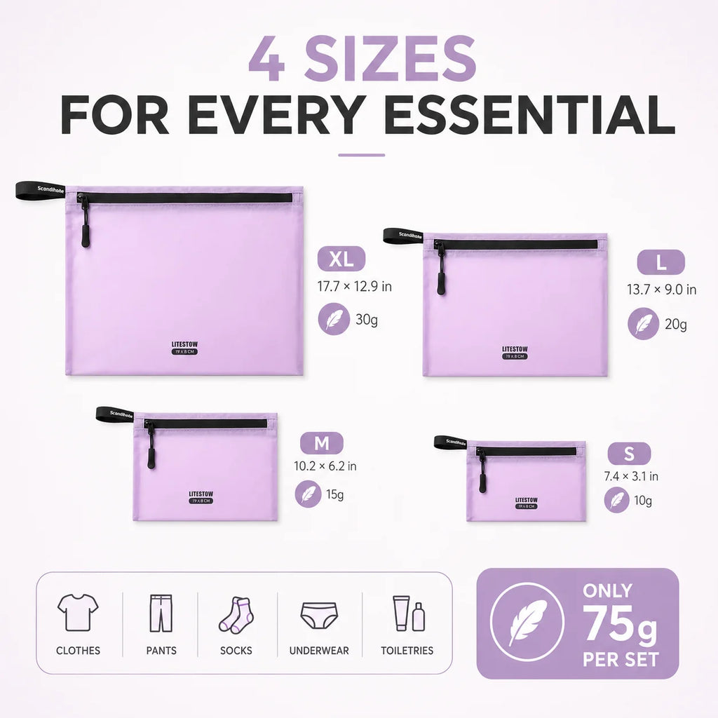 4Pcs Ultralight Packing Organizer Bags Set, Water-Resistant Nylon Zipper Pouches, 4 Sizes for Travel Luggage Clothes Toiletries