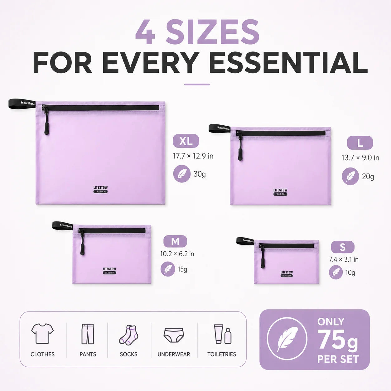 4Pcs Ultralight Packing Organizer Bags Set, Water-Resistant Nylon Zipper Pouches, 4 Sizes for Travel Luggage Clothes Toiletries
