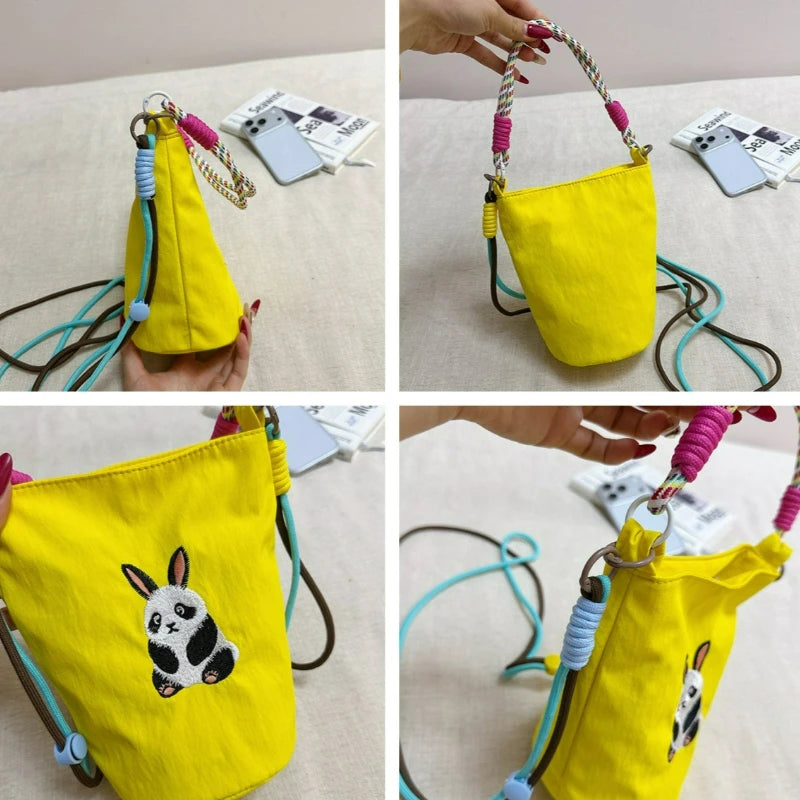New Fashion Cute Cartoon Panda Embroidery Nylon Mini Bucket Bag Women Casual Lightweight Crossbody Shoulder Bag Small Handbag