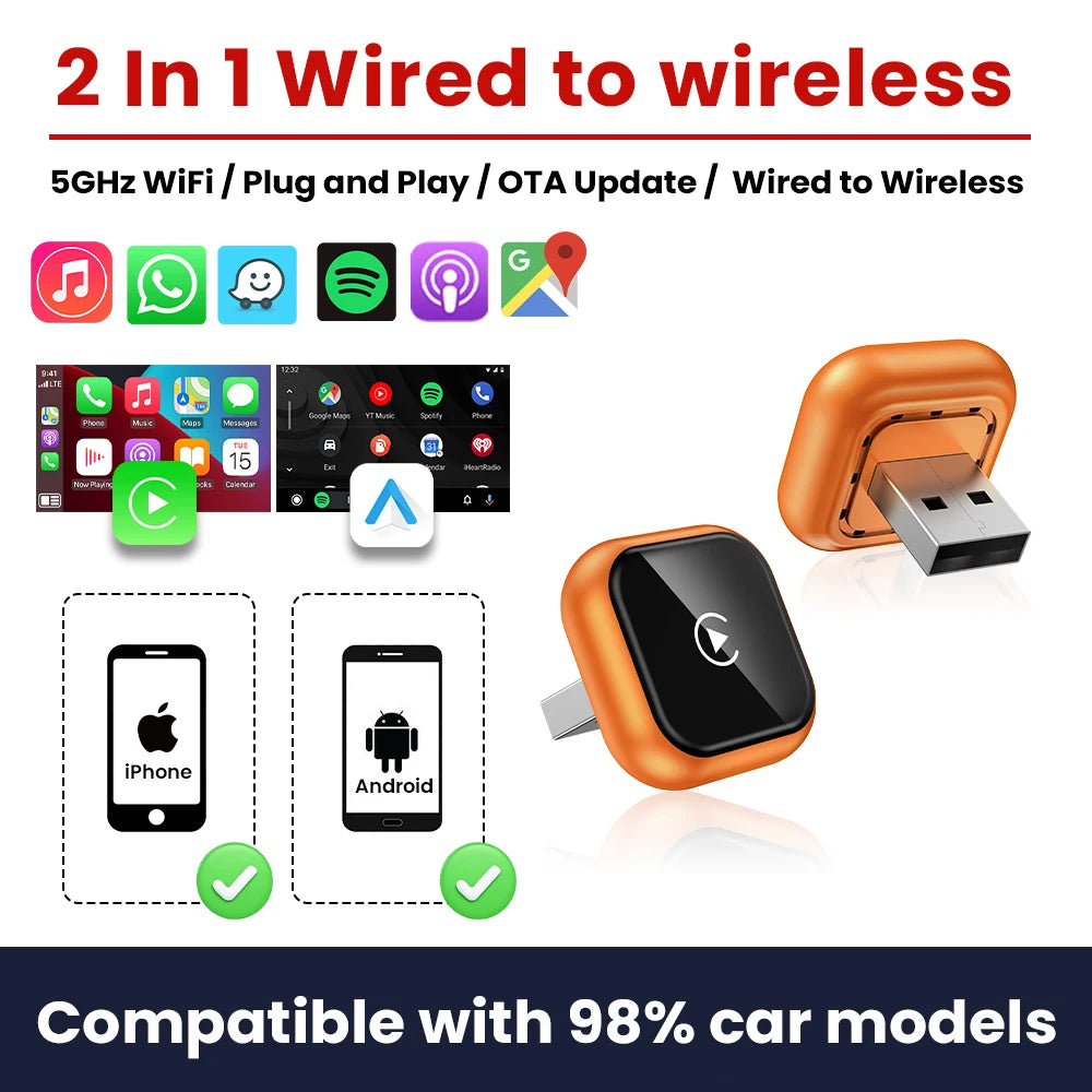 2In1 Wireless CarPlay Android Auto Adapter USB Dongle Smart Mini Box Plug And Play 5G WIFI Bluetooth For 98% Wired Carplay Cars