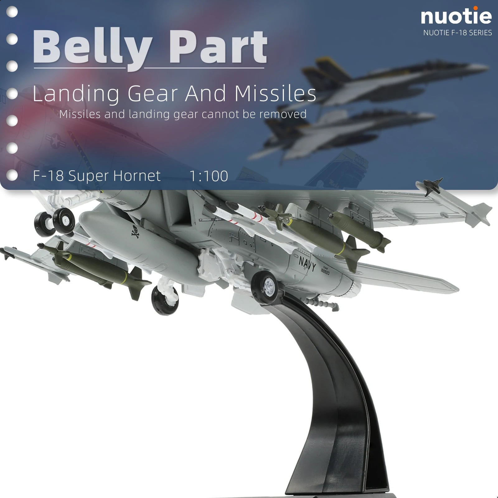 NUOTIE 1/100 F/A-18 Super Hornet Diecast Metal Fighter Jet Model Kits Pre-Build Replica 1943-2018 Jolly Roger Livery Military