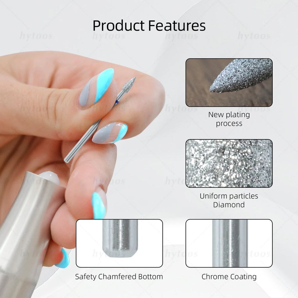 HYTOOS Cone Chrome Diamond Nail Drill Bits Pro Russian Cuticle Clean Bit for Nail Drill Dead Skin Cuticle Cleaner Nail Prep Tool