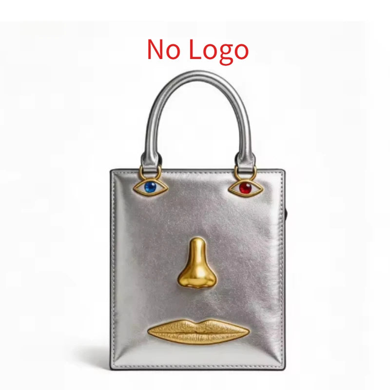 Face Bag Women High Quality Black Leather Luxury Brands Handbag Jewelry Eyes Gold-tone Metal Shoulder Strap Crossbody Bags