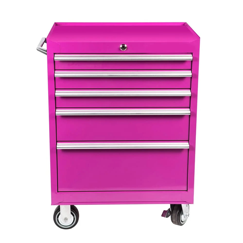Pink Mobile 5-Drawer Mechanic Tool Cabinet Trolley with Wheels Pink Cabinet  for Tool Storage Rolling Pink Tool Chest