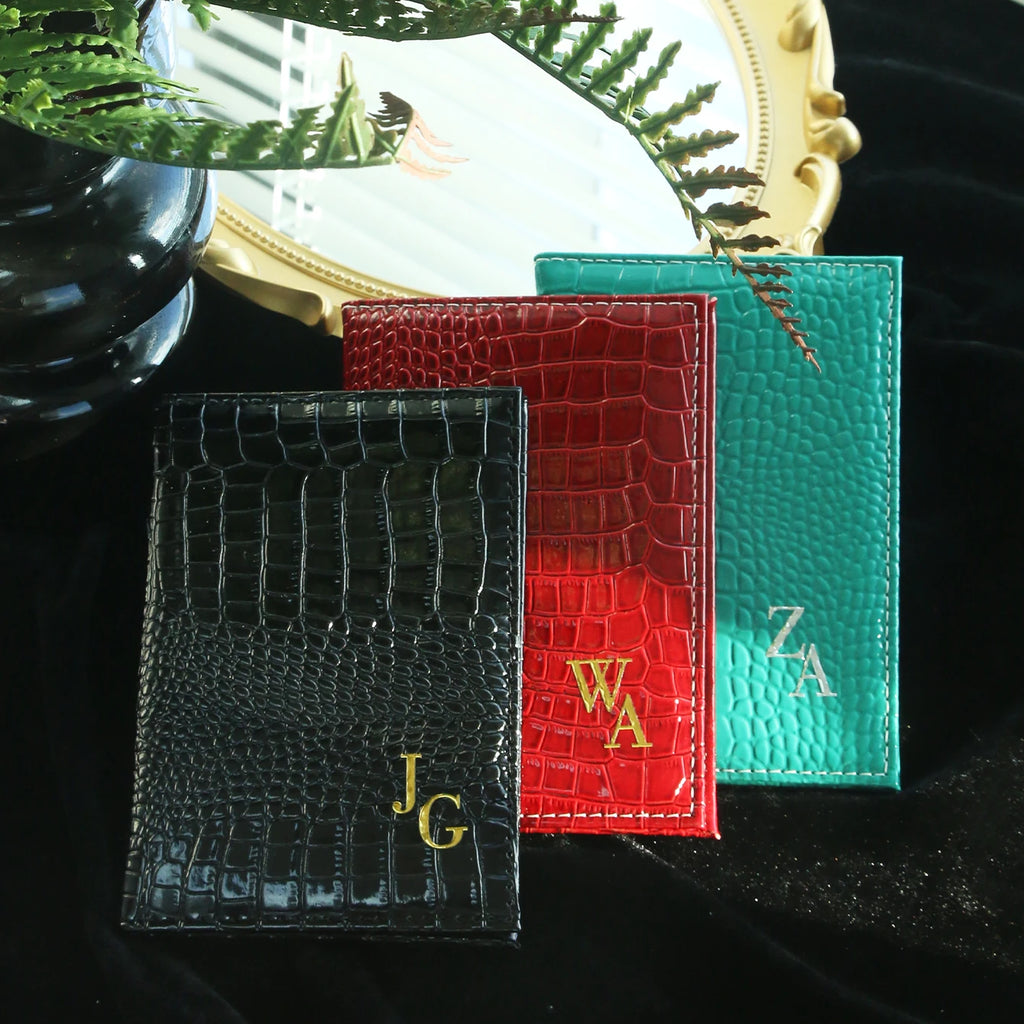 Customized Initial Passport Holder & Luggage Tag Set Personalized Gold Silver Monogram Embossed Crocodile Leather Travel Gift