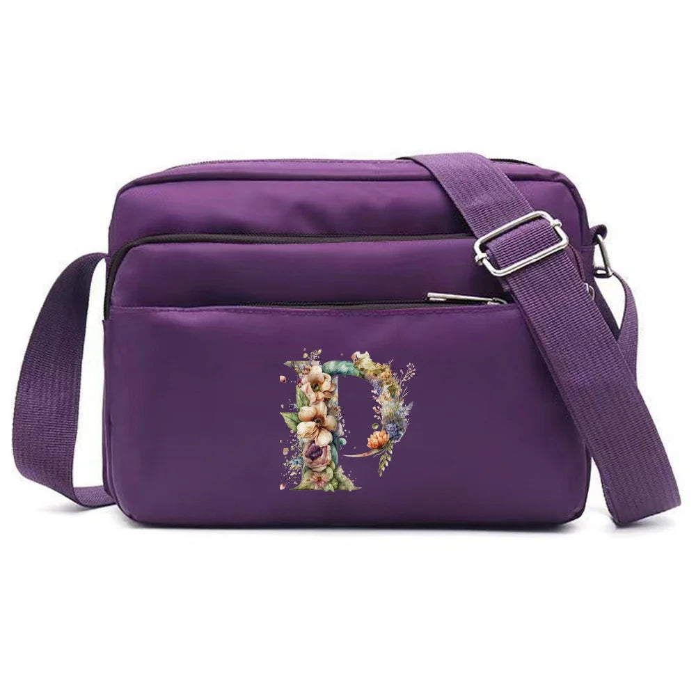 Leisure Purple One Shoulder Crossbody Bag Portable Commuting Large Capacity Floral Letter Series Printing Pattern Storage Bag