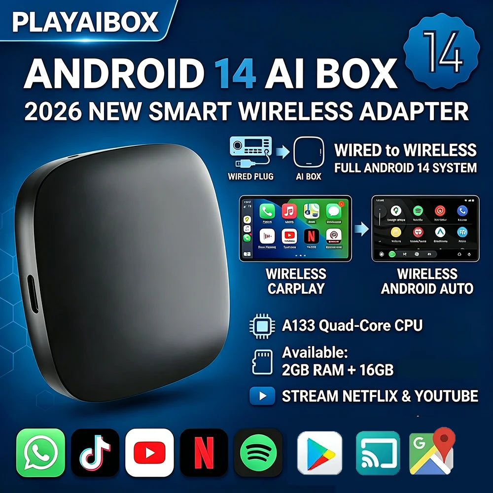 2026 Android14 CarPlay Ai Box Wired to Wireless Android Auto 3in1 USB Adapter For Youtube Netflix Toyota Mazda Hyundai Haval VW