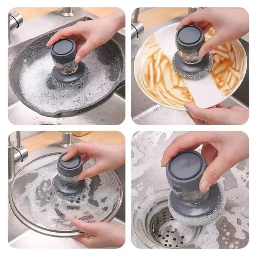 1~5PCs Automatic Liquid Adding Pot Washing Brush Stainless Steel Press Brush Kitchen Tool Household Cleaning Brush