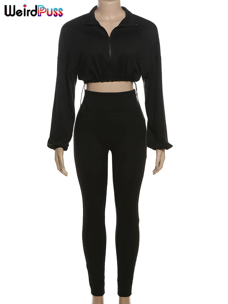 Weird Puss Women Tracksuit 2 Piece Set 2024 Autumn Casual Zip Thin Drawstring Jacket+Leggings Matching Streetwear Sporty Suit