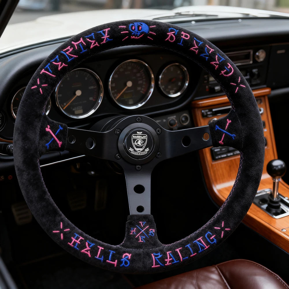 VERTEX Universal Racing Steering Wheel Black Spoke Suede Embroidered Sports Steering Wheel With 6 Holes