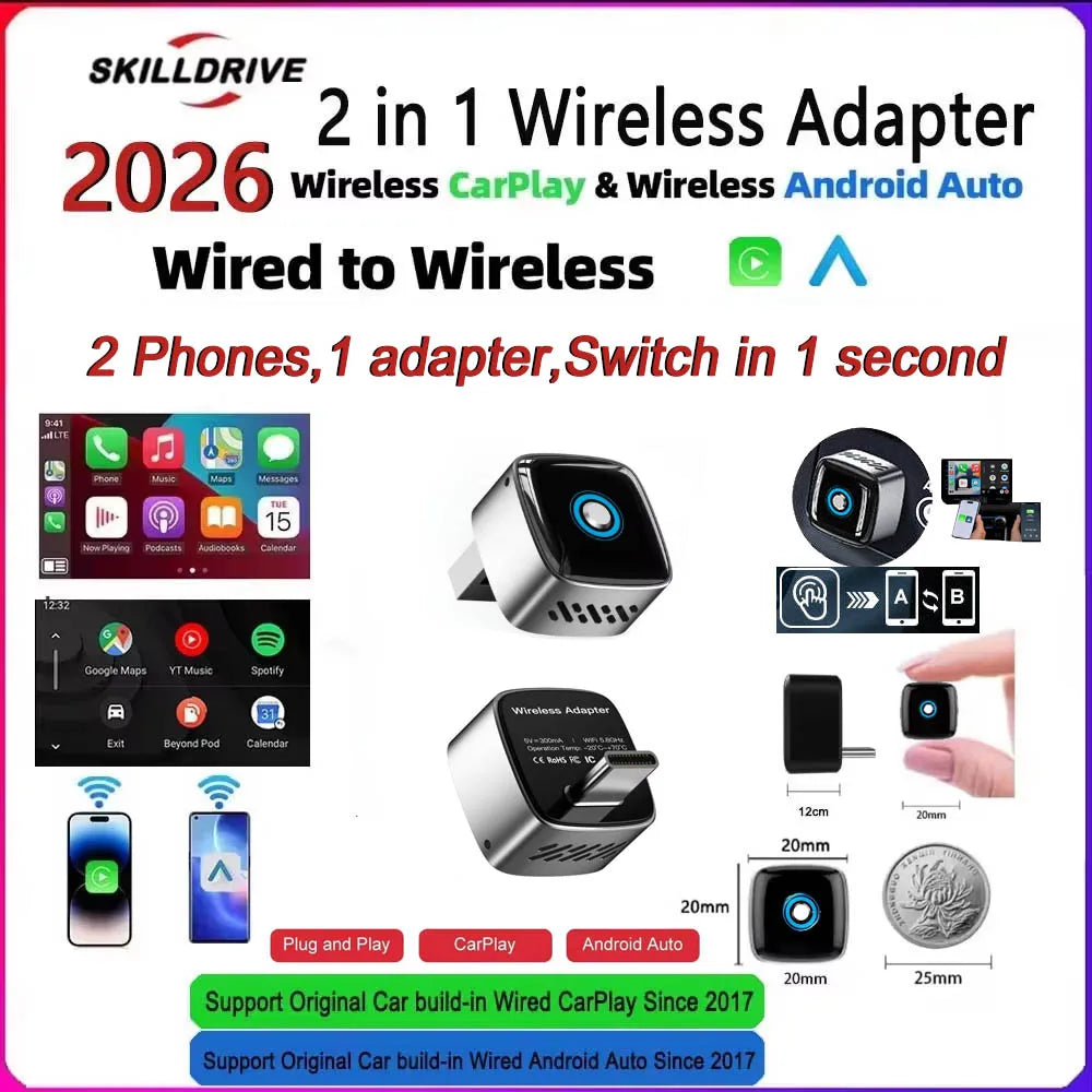 Skilldrive 2026 2 in 1 Mini Wireless CarPlay Adapter 2 Phones One-Tap Switch Android Auto AI Smart Box for Wired CarPlay Car