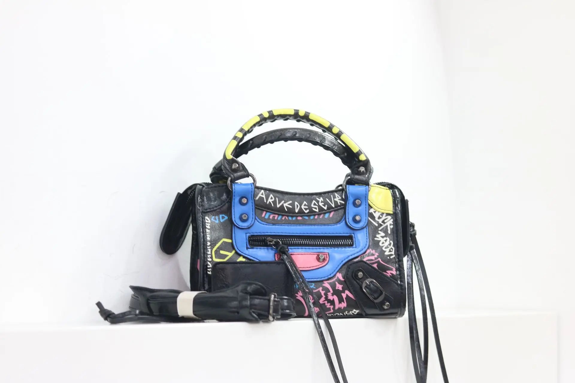 Women Casual Single Shoulder Moto Bag Niche Graffiti Microfiber PU Retro Large Fashion Hand Purse
