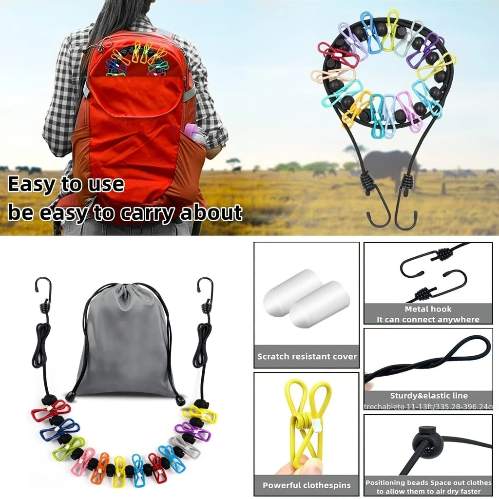 2-piece camping portable clothesline, equipped with 12 clothing clip on storage bags, camping accessories travel clothing line, can be used for indoor clothing drying or as outdoor camping supplies.