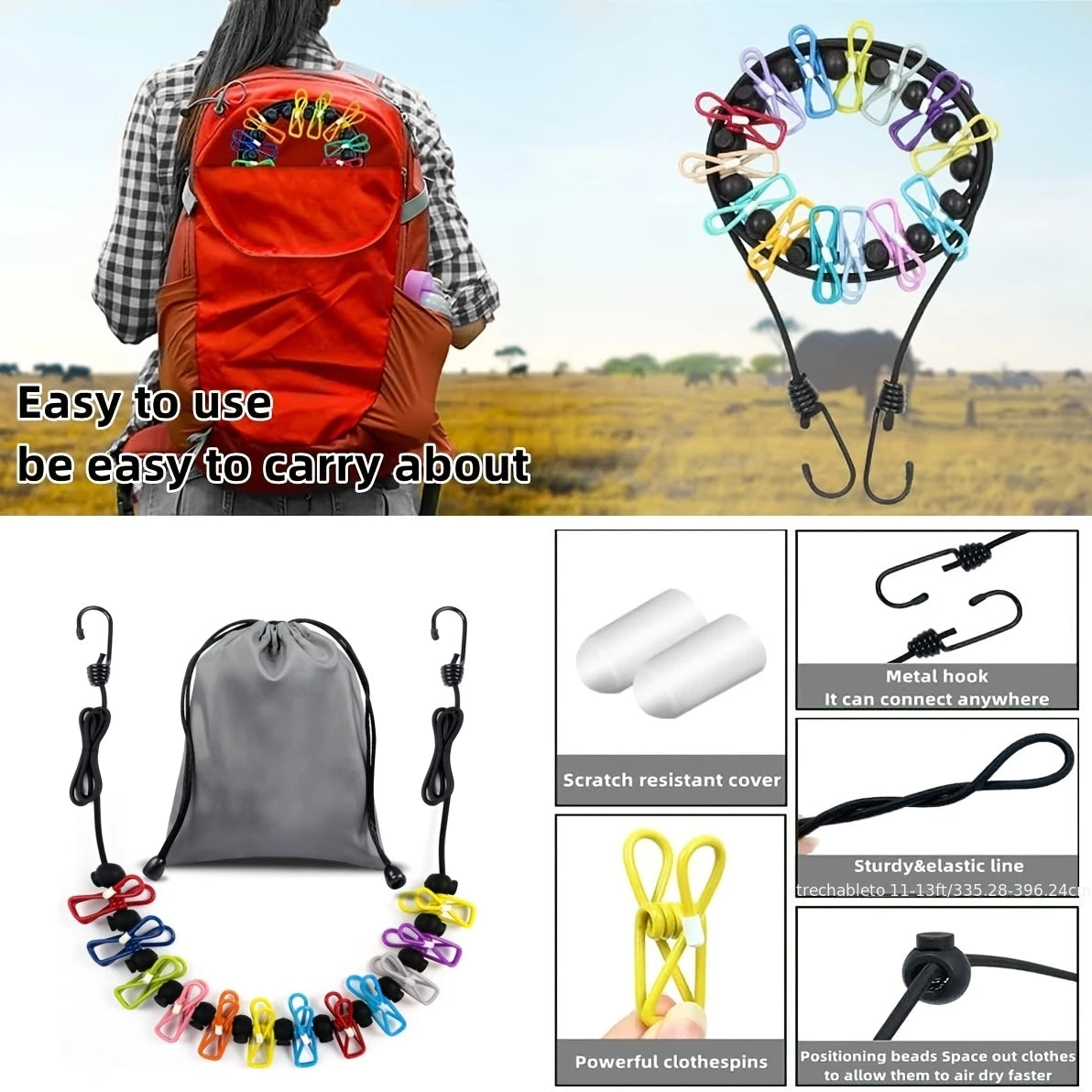 2-piece camping portable clothesline, equipped with 12 clothing clip on storage bags, camping accessories travel clothing line, can be used for indoor clothing drying or as outdoor camping supplies.