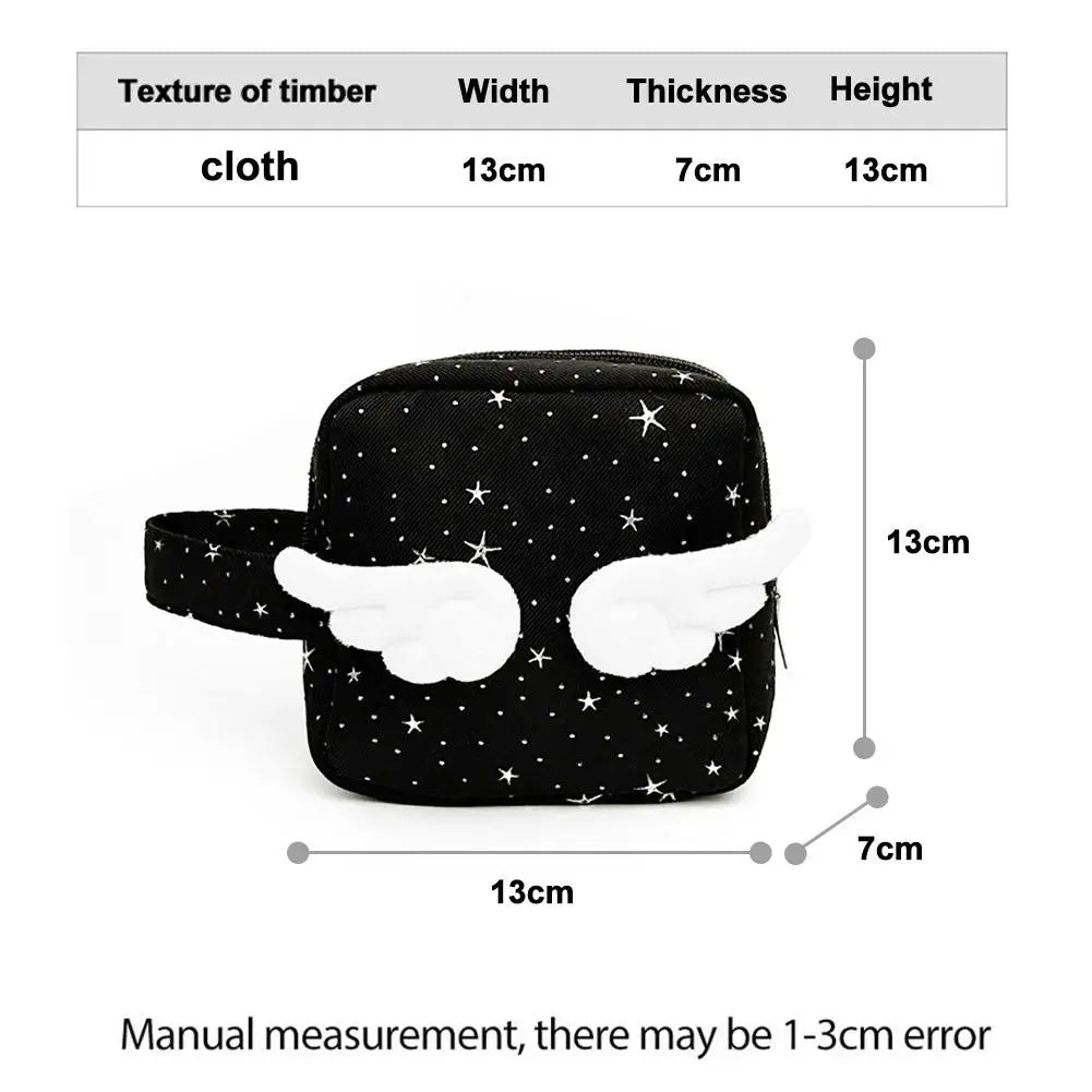 Angel Wing Silver Star Makeup Bag Large Capacity Travel Cosmetic Pouch Cute Sanitary Pad Organizer Lipsticks Wallet Girls Gift