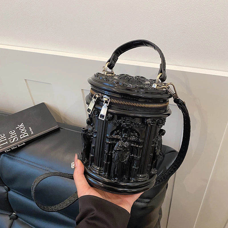 Baroque Style 3d Embossed Bucket Bag Creative Sculptural Cylinder Handbag Unique Retro Artistic Design Crossbody Purse For Women