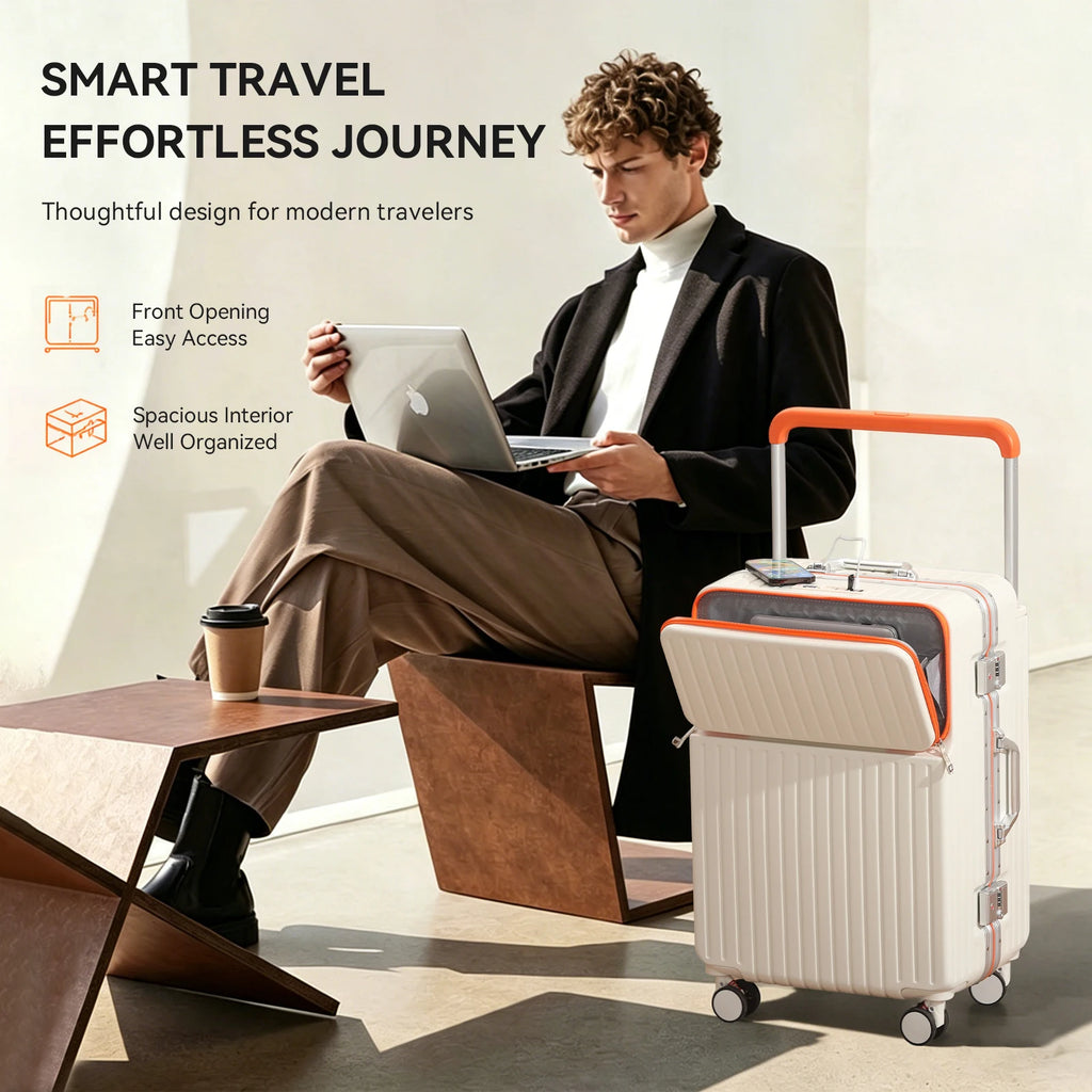 AIWEINY 20/24/26Inch Front Opening Hard Shell Luggage Aluminum Frame Wide Handle USB 360° Silent Wheels TSA Lock Business Travel