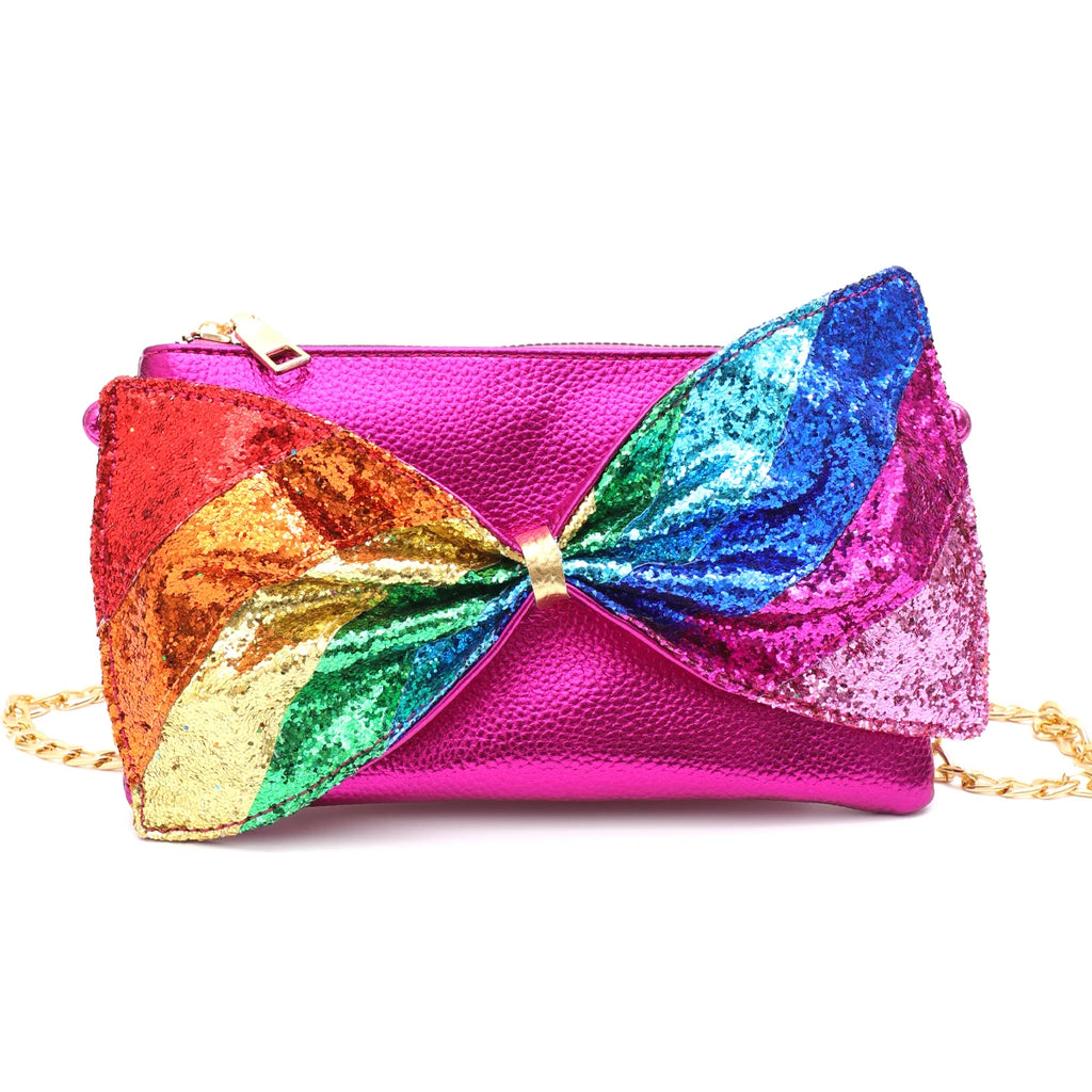 Luxury Metallic Vegan Leather Handbag Colorful Stripes Patchwork Sweet PU Bow knot Clutch Metal Chain Crossbody Bag Funky Y2K