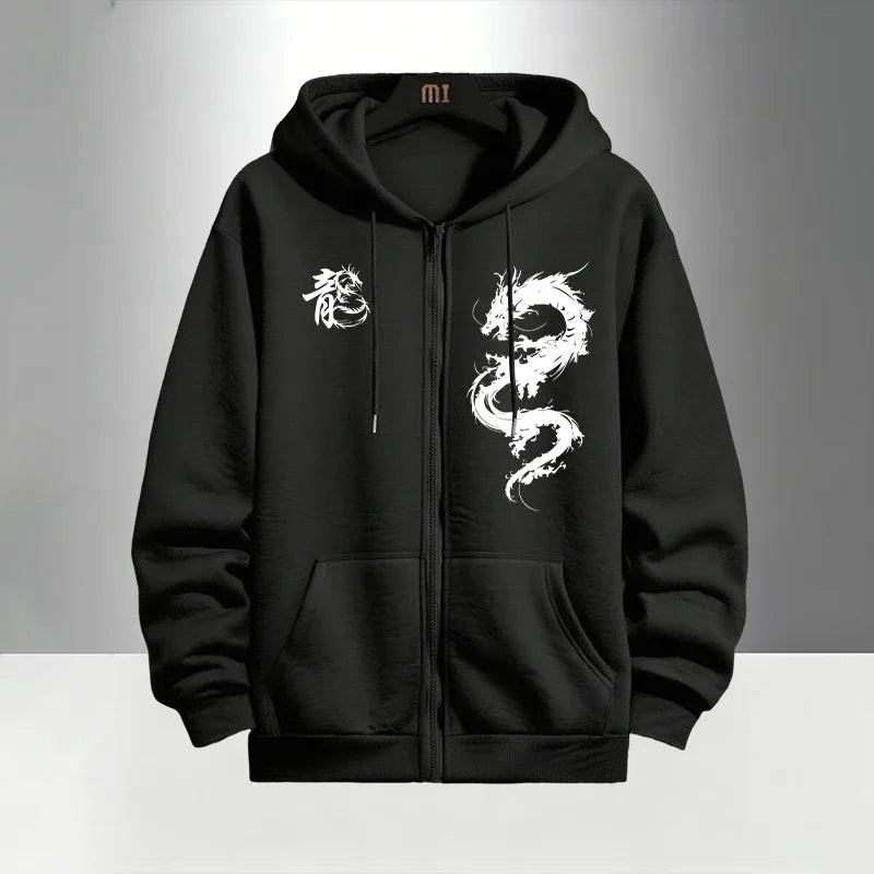 Chinese Dragon Print Tracksuit for Men Zipper Hooded Sweatshirt and Black Sweatpants Urban Causal Fashion Hoodies Outerwear Sets