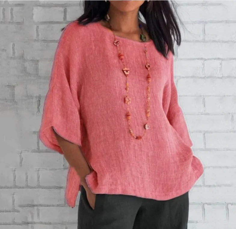 Plus Size Cotton Blouse Shirts Summer O-Neck Three Quarter Loose Casual Blouse Tops Summer Cothes For Women Streetwear
