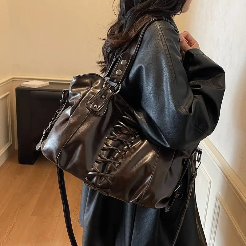 Vintage American Y2k PU Leather Crisscross Straps Large-capacity Handbag Crossbody Bag Tote Bags Storage Bag Woman Bags