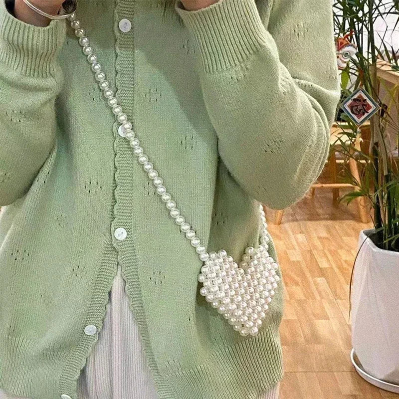 Heart Mini Bags for Women Delicate Pearl Cute Shoulder Crossbody Bag Stylish Versatile Sweet Girls Solid Color Leisure Holiday