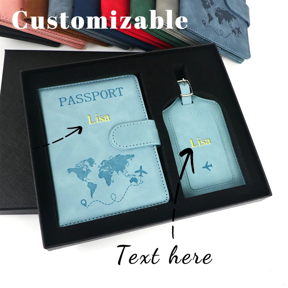 Customized Name Anti-Magnetic Passport Book Luggage Tag Set, PU Leather Passport Holder with Magnetic Fasteners, Passport Bag