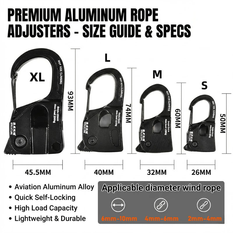 Aluminum Alloy Tent Rope Tensioner Stainless Steel Self Lock Rope Adjuster 2-10mm Anti-Slip Tarp Tightener Outdoor Accessories