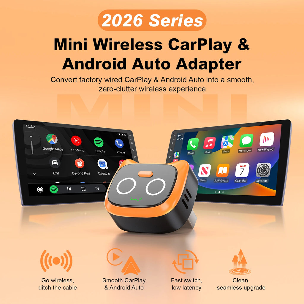 Mini Wireless CarPlay and Android Auto Adapter—converts wired CarPlay to wireless CarPlay, with button controls and one-touch disconnection (to protect privacy during calls)