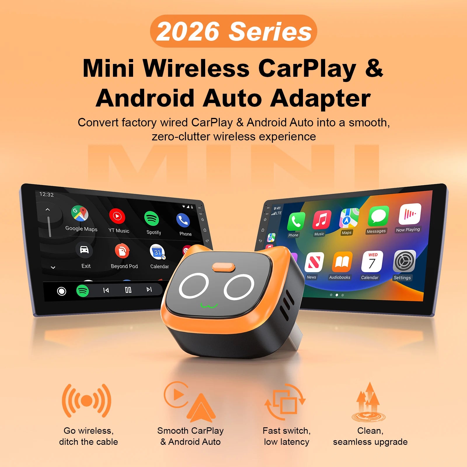 Mini Wireless CarPlay and Android Auto Adapter—converts wired CarPlay to wireless CarPlay, with button controls and one-touch disconnection (to protect privacy during calls)