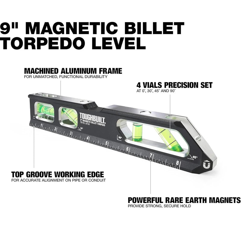 TOUGHBUILT TB-H2-L-9T-M 9-in 4 Vial Magnetic Billet Torpedo Level Aluminum 0°-90° Hand Tool Accessory