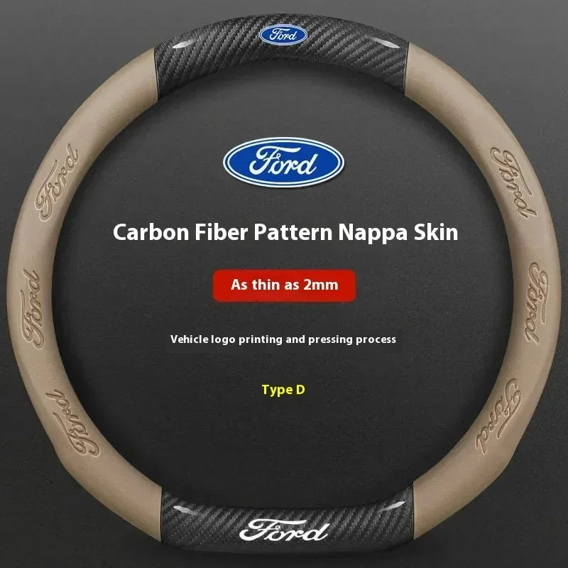 For Ford Mondeo Focus Raptor Puma Edge Explorer Ecosport Ranger F150 Kuga Car AntiSlip Carbon Fiber Leather Steering Wheel Cover