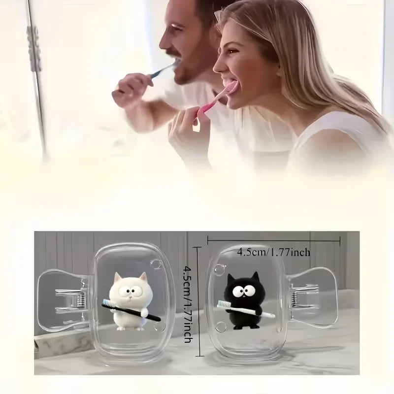 Two white cat toothbrushes and a black cat toothbrush holder, a household toothbrush holder protective cover