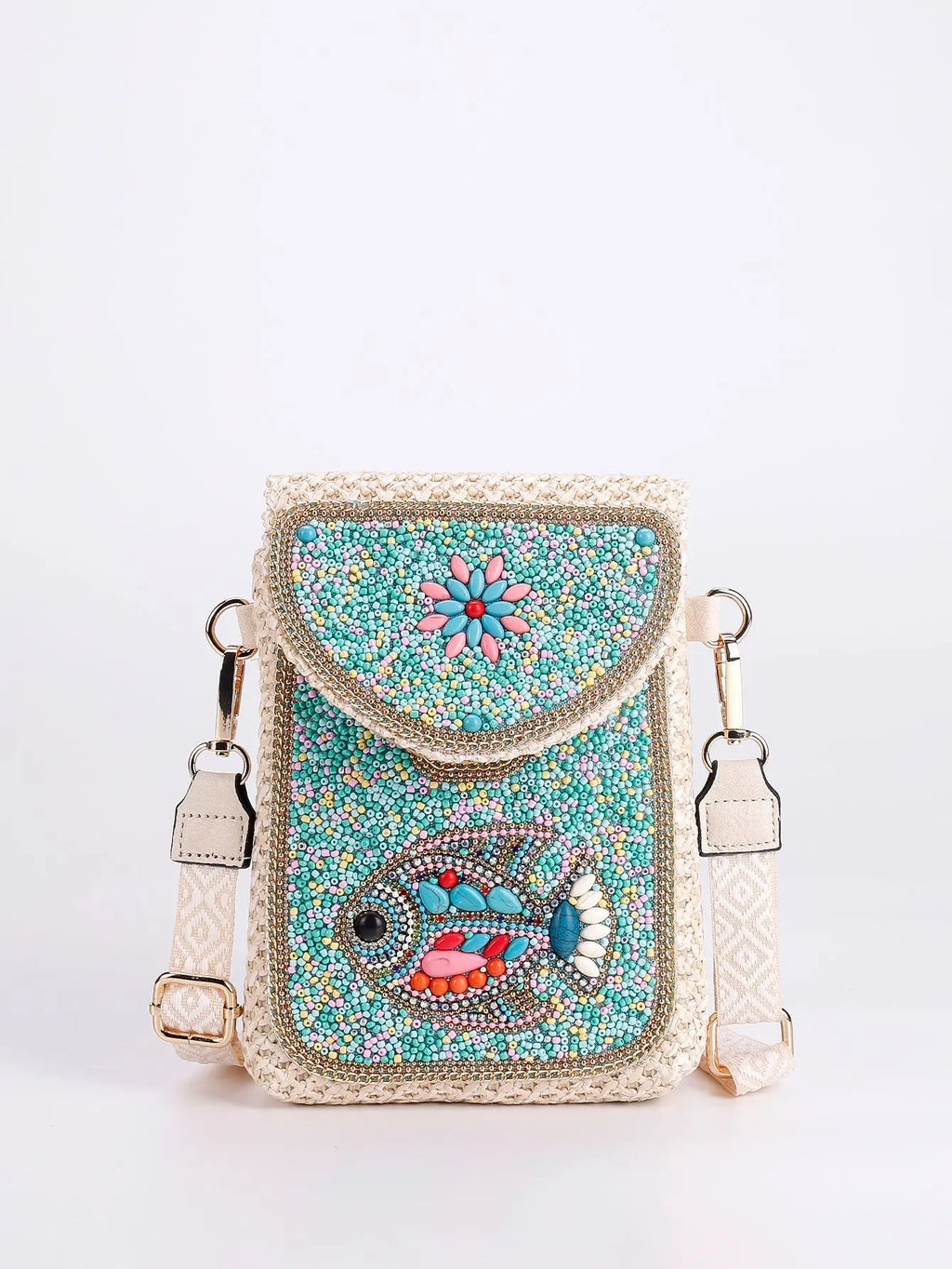 Advanced straw woven crossbody bag, new fashionable rice bead bag, European and American woven women's shoulder phone bag
