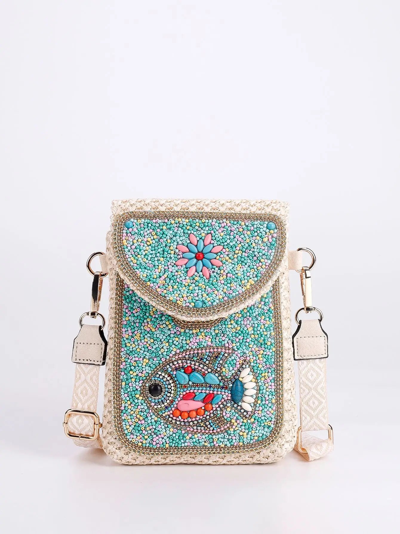 Advanced straw woven crossbody bag, new fashionable rice bead bag, European and American woven women's shoulder phone bag